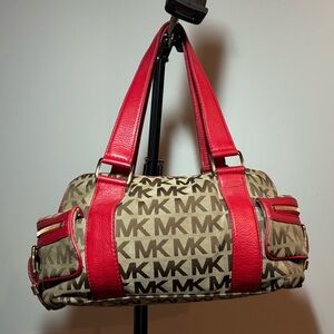 Vintage Michael Kors Signature Monogram Tan Red Jacquard Satchel